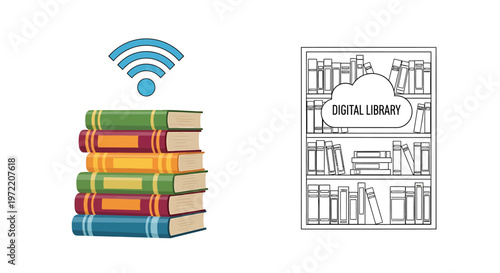 Digital Library Concept Represented by Stack of Books with Wi-Fi Signal and Bookshelf Illustration Symbolizing Access to Information and Knowledge