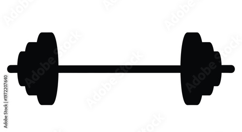 Black barbell icon with weight plates centered on a white background