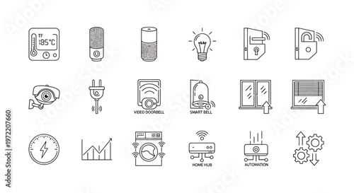 Collection of smart home technology line icons illustrating various automated devices and systems for modern living and control.