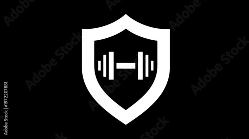 A white silhouette design of a weightlifter's barbell in a shield shape on a black background