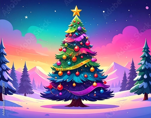Brightly decorated Christmas tree in a snowy winter landscape, under a colorful night sky