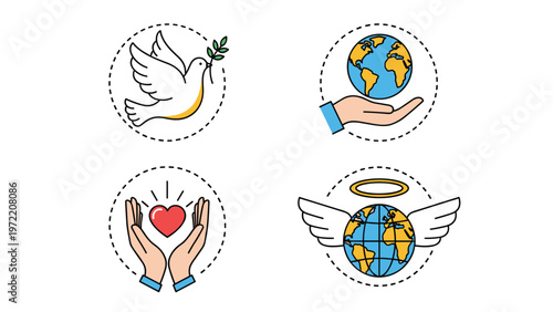 Icons representing peace and global harmony featuring a white dove with olive branch, hands holding the world, and a heart in protective hands.