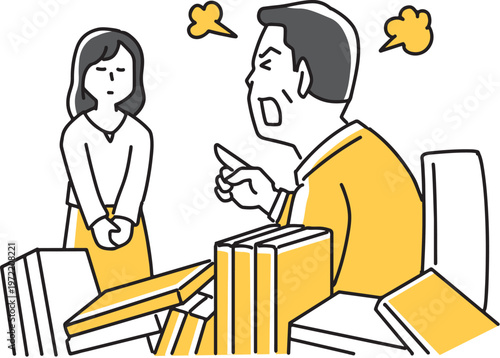 机の上を散らかした男性に叱られる女性