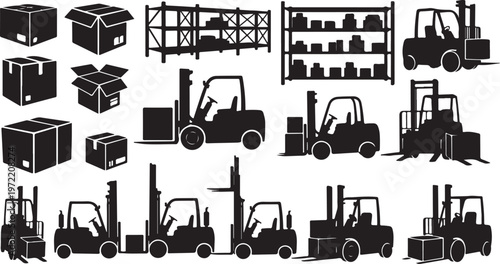Forklifts and boxes in a warehouse setting with industrial equipment silhouettes