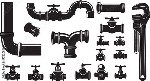 Black and white plumbing tools and pipes illustration set