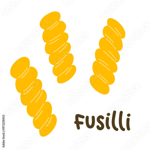 Fusilli pasta vector set with yellow spiral noodles. Hand-drawn doodle illustration for kitchen textiles, food packaging or menu design. Naive childish style, modern, stylish and silly.