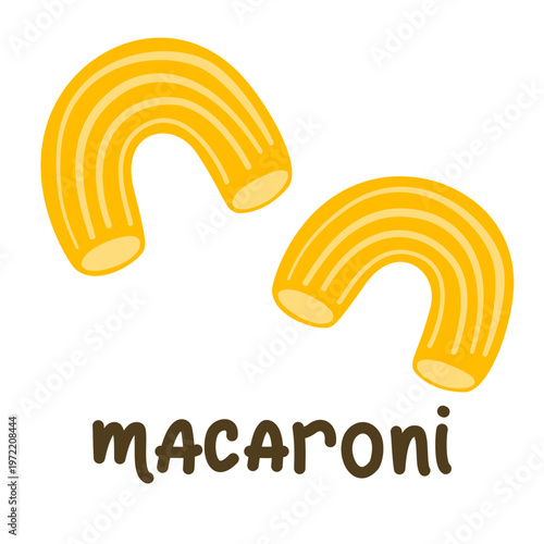 Macaroni pasta vector set with yellow elbow noodles. Hand-drawn doodle illustration for kitchen textiles, food packaging or menu design. Naive childish style, modern, stylish and silly.
