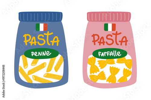 Pasta packaging vector set with penne and farfalle bags. Hand-drawn doodle illustration for kitchen textiles, grocery store decor or menu design. Naive childish style, modern, stylish and silly.