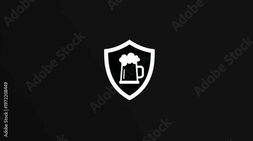 A white icon, depicting a beer mug with foam, encased within a shield, on a black background