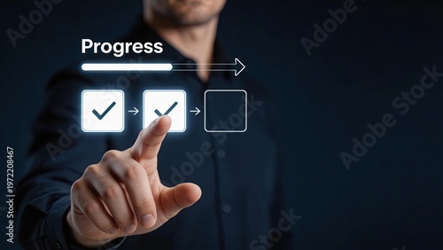 Businessman interacting with futuristic progress bar interface digital checklist concept technology innovation workflow management corporate growth strategy modern office