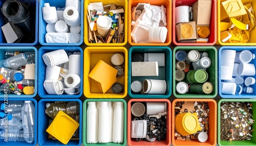 Brightly colored square bins are meticulously sorted with various recyclable materials, showcasing eco-consciousness