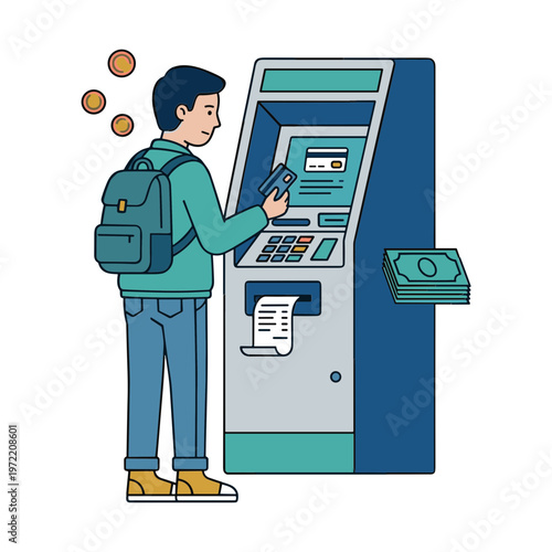 Man uses smartphone at ATM machine withdrawing cash outdoors