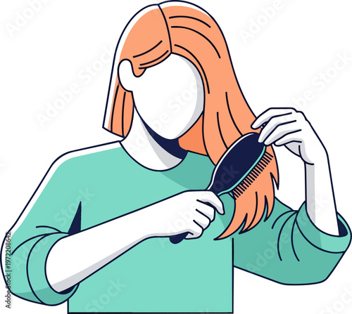 Flat Vector Illustration of a Faceless Woman Brushing Her Orange Hair