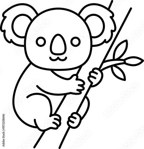 Koala animal mammal wildlife eucalyptus branch leaf outline line drawing cute koala animal clinging to eucalyptus branch with leaf, simple black