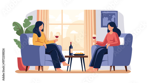 Two female friends relaxing and drinking red wine in comfortable armchairs at home while having a conversation in a flat illustration.