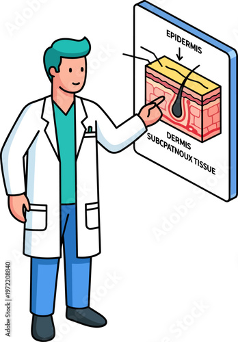Male Doctor Explaining Human Skin Anatomy Layers on Medical Poster