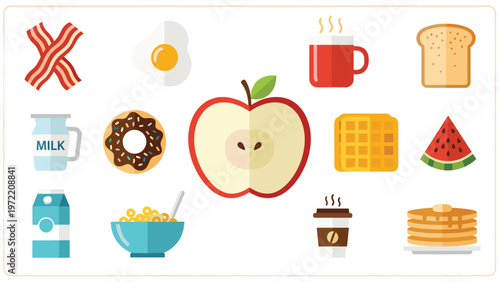 Set of flat breakfast food and drink icons including bacon, eggs, apple, coffee, toast, donut, milk, cereal, pancakes, and fruit snacks.