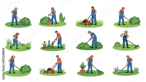 Set of diverse people performing various gardening tasks such as mowing the lawn, raking leaves, pruning bushes, and planting in outdoor spaces.