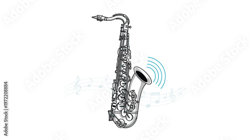 Illustration of a classical saxophone instrument with flowing musical notes and sound waves representing jazz or blues music performance.