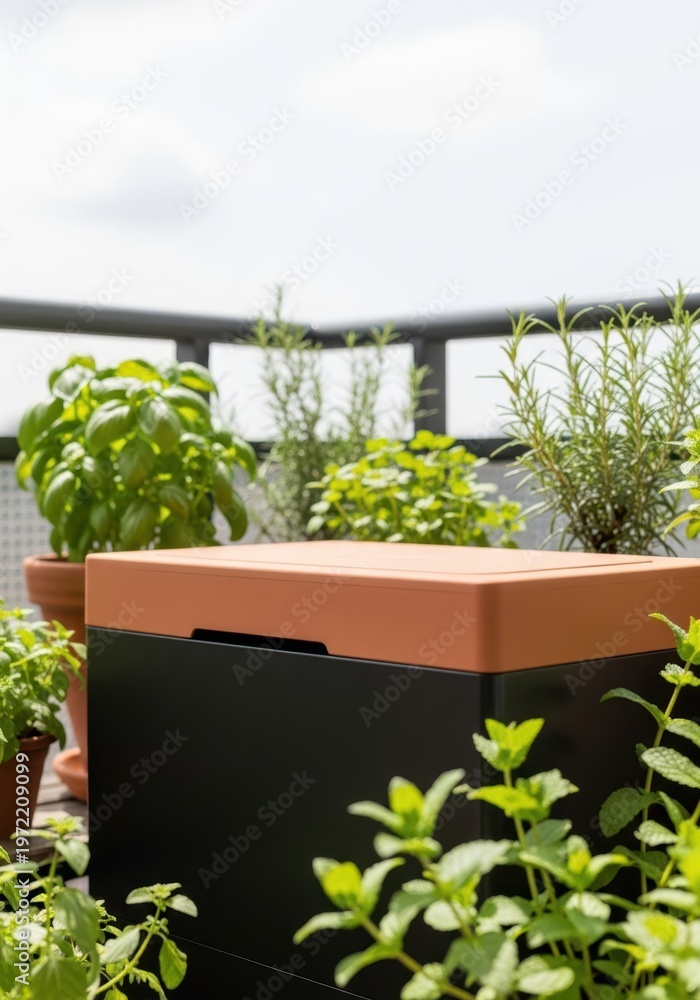 Fototapeta premium A modern, high-design urban composting bin on a balcony surrounded by lush herbs and city sunlight.