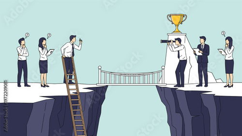 Business team working together to cross a chasm and reach a golden trophy using a tall ladder as a bridge to achieve success.