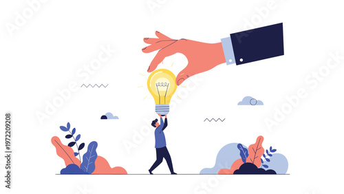 Tiny business professional holding up a glowing lightbulb with the help of a giant hand representing mentorship and new ideas.