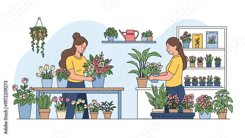 Two female florists working in a busy plant shop arranging various indoor flowers and potted greenery in a garden center.