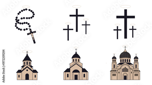 Set of religious icons featuring a black rosary with a cross, multiple crucifixes, and several different church building designs.