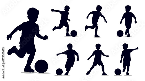 little boy playing soccer silhouette collection, child football player action vector silhouettes set, kids soccer training and kicking ball silhouettes pack, active youth football player silhouette il