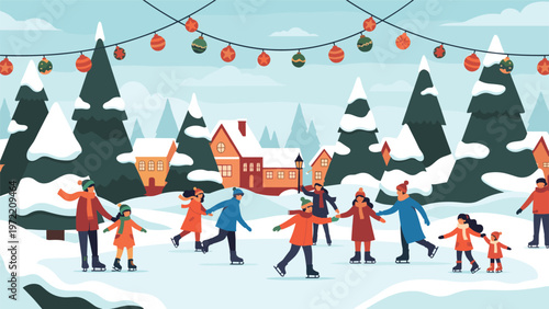 Winter landscape illustration showing a group of people ice skating on a frozen pond in a cozy snow covered village with trees.