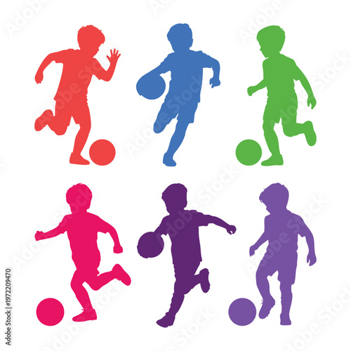 colorful little boy playing soccer silhouette set, child football player action vector silhouettes in colors, kids soccer training and kicking ball colorful silhouettes, vibrant youth football player 