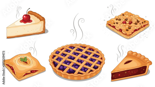 Selection of freshly baked fruit pies and tart slices with steaming hot fillings including blueberry, cherry, and apple varieties.