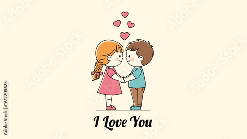 Cute young boy and girl hold hands under floating hearts with a text message expressing love in a simple and charming romantic illustration.