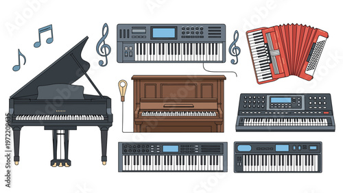Diverse collection of musical instruments featuring a grand piano, upright piano, various electronic keyboards, and a traditional red accordion.