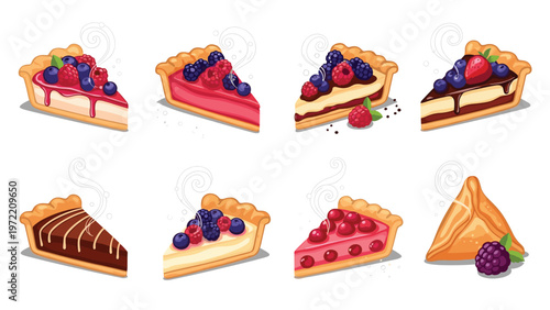 Selection of delicious fruit pie slices and berry tarts with various toppings like strawberries and blueberries are shown on a white background.