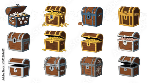 Selection of various treasure chests in different styles including wooden boxes filled with gold coins, skulls, or secured with heavy chains.
