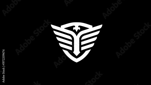 A white emblem of a stylized bird with shield elements on a black background, a minimalist design