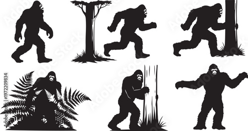 Bigfoot silhouettes in various poses and settings with trees and plants