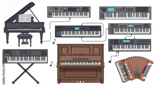 Technical diagram illustrates various types of musical keyboards and pianos interconnected by wires to represent a complex studio setup.
