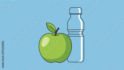 Health concept illustration features a fresh green apple placed next to a clear water bottle against a solid bright blue background.