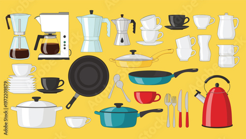 Massive collection of kitchenware and cooking tools including various coffee makers, pots, pans, cups, and cutlery on a yellow background.