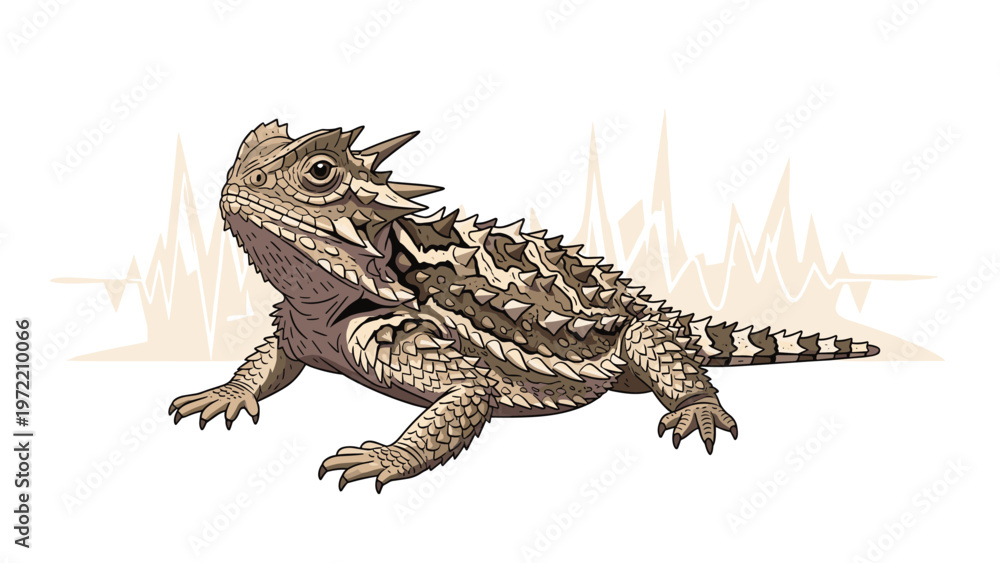 Fototapeta premium Detailed illustration of a thorny horned lizard with sharp spikes and scales standing against a stylized mountain peak background.