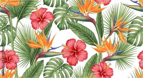 Vibrant tropical seamless pattern with red hibiscus flowers and bird of paradise.