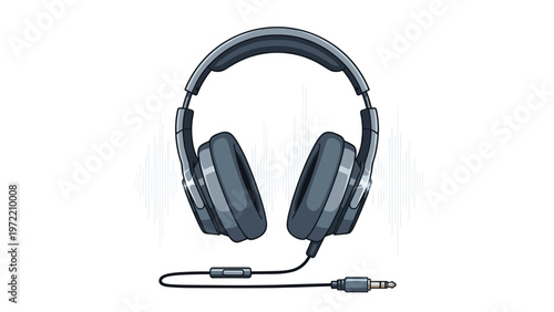 Professional over-ear headphones with a long cable and audio jack connector set against a subtle waveform background in a grey color.