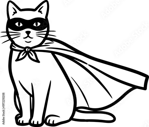 Silhouette cartoon cat superhero sitting with cape mask black white playful brave cute design
