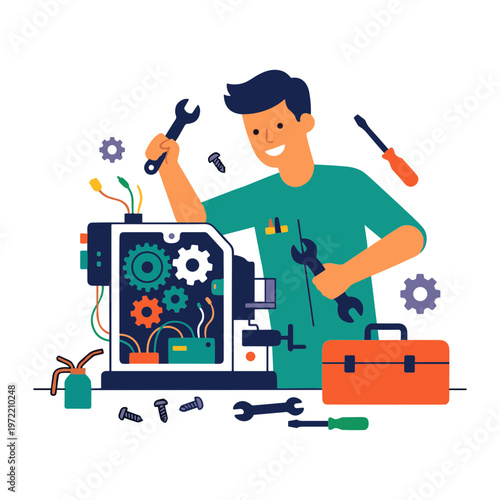 Man repairs machine with tools in workshop environment actively.