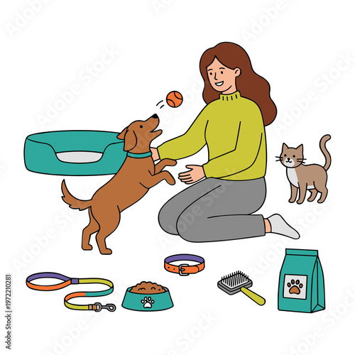 Woman plays with dog and cat outdoors with pet accessories nearby