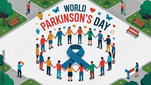 World Parkinsons Day Concept with People Holding Hands Around Blue Ribbon