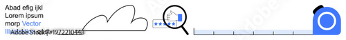 Data analysis, cloud computing, measurement tools, search optimization, magnification, scalable solutions. A magnifying glass over data, cloud graphic and tape measure. Data analysis and cloud