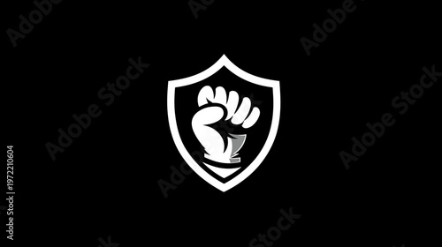 A white fist inside a white shield on a black background. Graphic emphasizes strength and protection